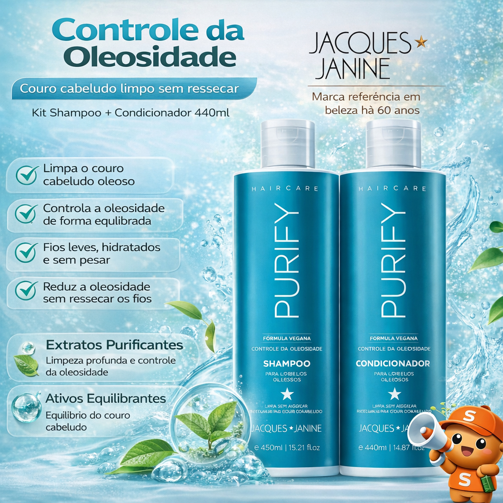 Kit Jacques Janine Purify Shampoo + Condicionador 440ml Controle da Oleosidade e Limpeza Equilibrada