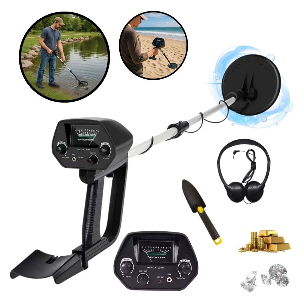 Detector Metal De 1,5m Profundidade C/pilha Pá E Fone Ouvido Preto