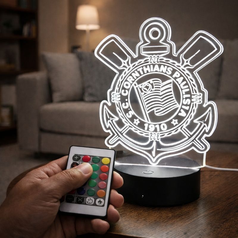 Luminária de LED do CORINTHIANS - Luz no Acrílico - Base PRETA ou BRANCA - Com CONTROLE REMOTO em Oferta na Shopee
