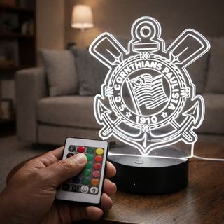 Luminária de LED CORINTHIANS - Luz no Acrílico - Base PRETA ou BRANCA - Com CONTROLE REMOTO