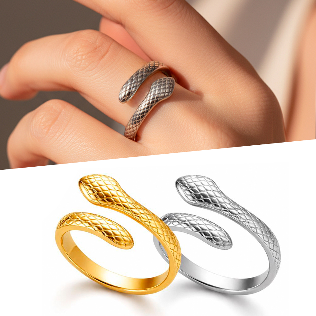 Anel Feminino Cobra Prata ou Dourado de Aço Inoxidável Ajustável em Oferta na Shopee
