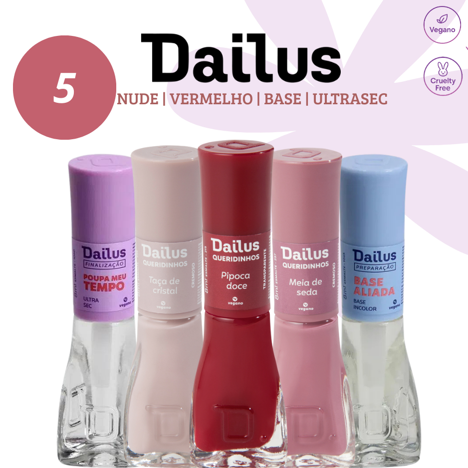 DAILUS UNHAS - KIT 5 COM 3 ESMALTES VERMELHO E NUDE + 1 BASE INCOLOR + 1 SECANTE