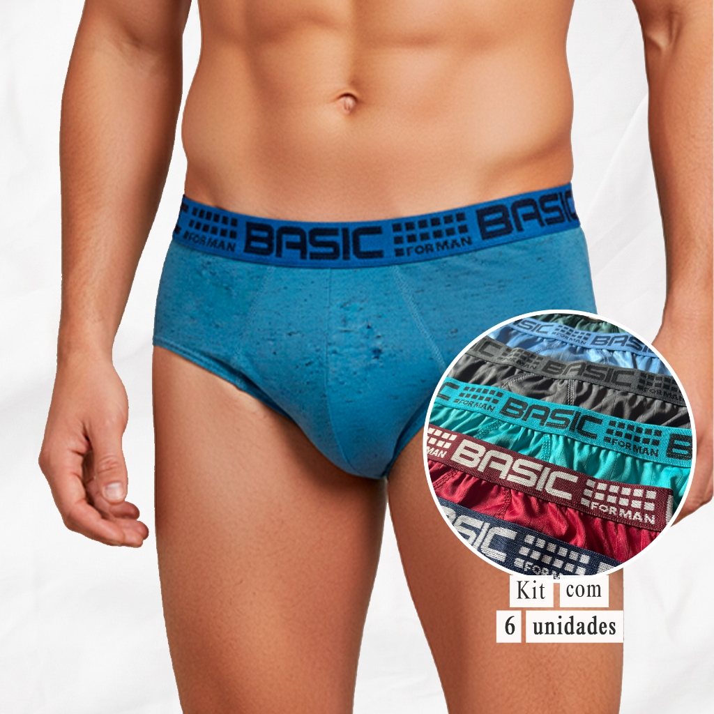 Kit 6 Cuecas Slip Masculina Tradicional 100% Poliéster com Forro em Algodão Confortáveis Sortidas