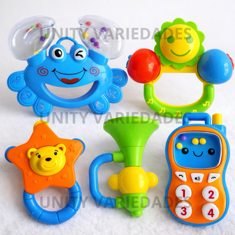 Kit Brinquedo Bebe Chocalho 5 Pc Presente Menina Menino Móbile para Berço Chocalhos Buba Bebê