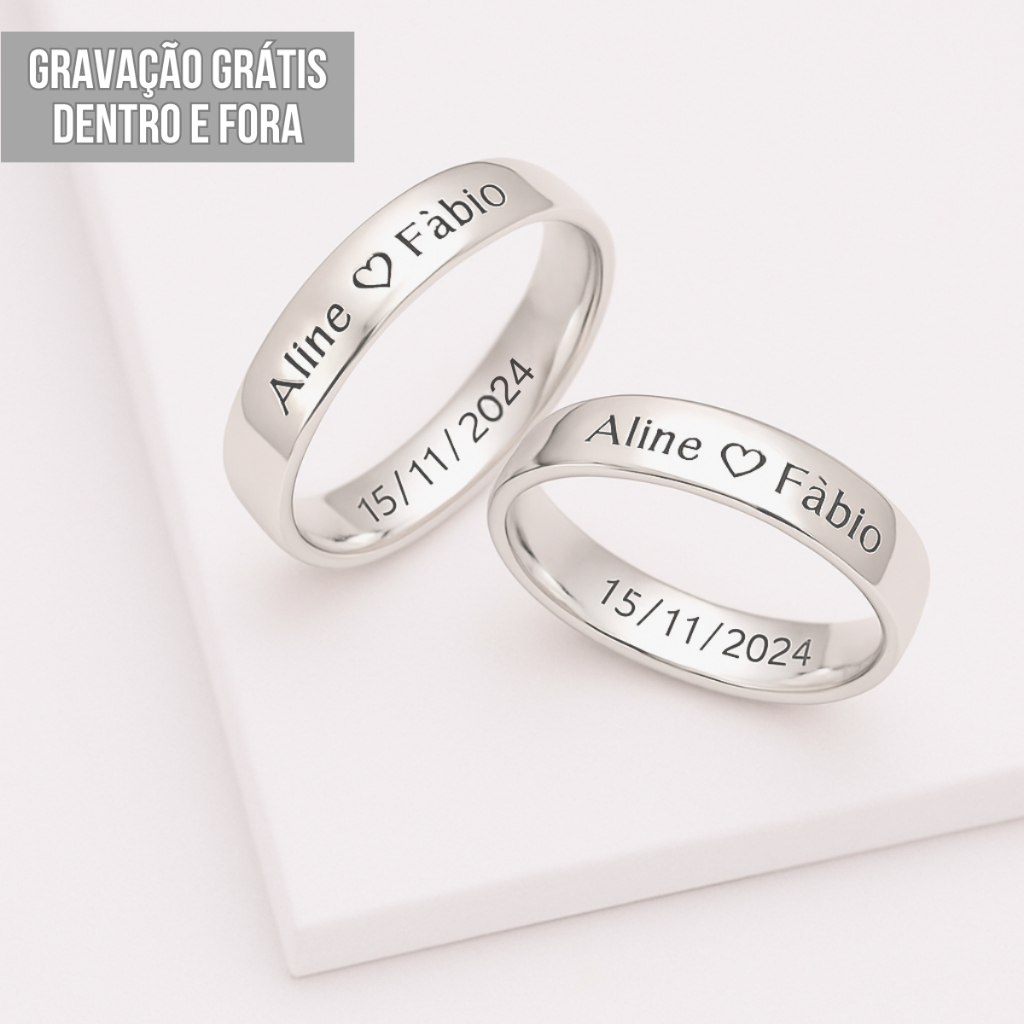 Par De Aliança Lisa Prata Aço Inoxidável Com Gravação Grátis Dentro E Fora Namoro Compromisso