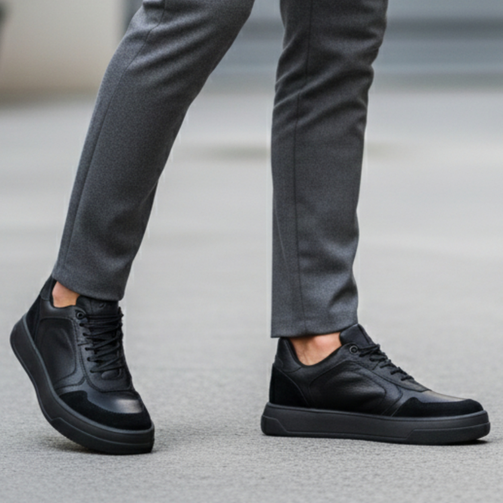 Tenis Preto Masculino em Couro Clássico Versátil Palmilha Conforto Moderno Estiloso Casual