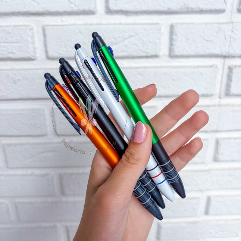 Caneta Clássica três cores e touch screen, Emborrachada básica escreve e desenha  no Celular