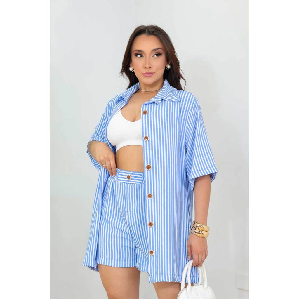 Conjunto Feminino Listrado Shorts e Camisa em Oferta na Shopee