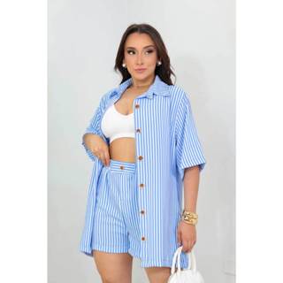 Conjunto Feminino Listrado Shorts e Camisa em Oferta na Shopee