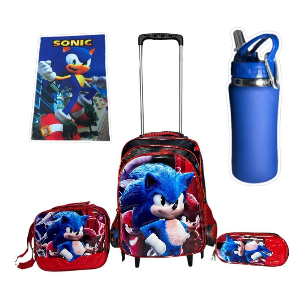 Kit Mochila 3D Sonic 3 com Rodinhas + Lancheira Térmica + Estojo + Garrafa de Água + Toalha Infantil Escolar