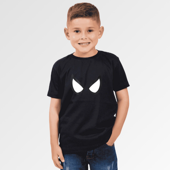 Camiseta Infantil Masculina de Algodão Estampa Olho do Homem-Aranha Manga Curta Algodão Confortável