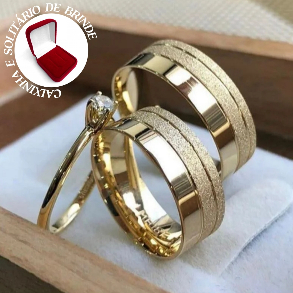 Par de Aliança Banhada a Ouro 24K Diamantada 2 Frisos 8mm Noivado Casamento + Solitário + Caixinha - 3 Anos Garantia em Oferta na Shopee