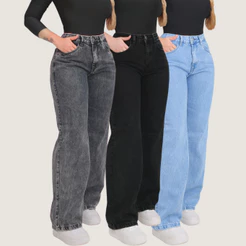 Calça Wide Leg Jeans Feminina Cintura Alta Moderna Casual Urbana Streetwear - Opções de compra com 1, 2 ou 3 peças