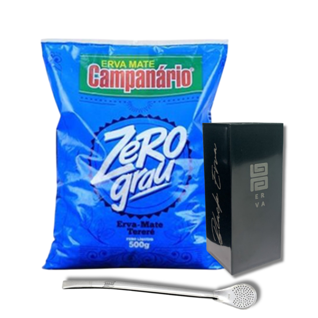 SUPER KIT Erva Mate Zero Grau 500g c/ Copo Quadrado Preto + Bomba Simples 19cm