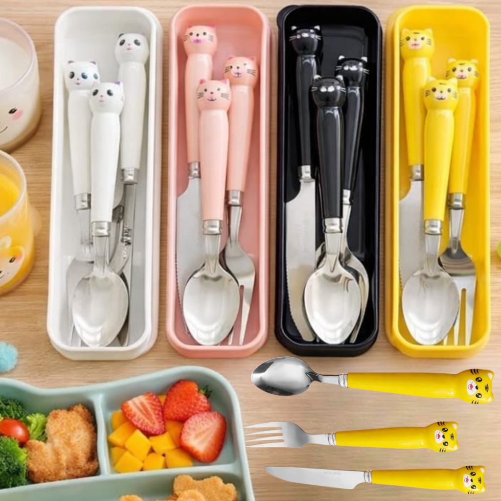 Kit Talher Fofo Infantil Garfo Faca Colher Estojo Portátil Escola Trabalho Viagem Acampamento Criança Marmita Gato Jogo em Oferta na Shopee