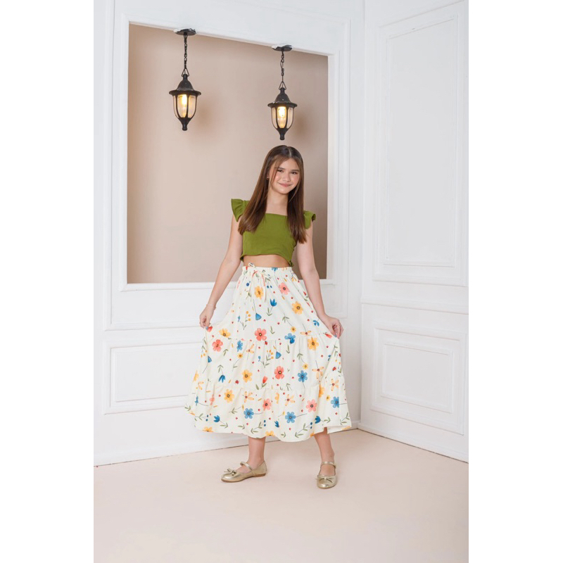 Conjunto Infantil menina Cropped + Saia Midi Floral moda infantil verão 10 e 12 anos