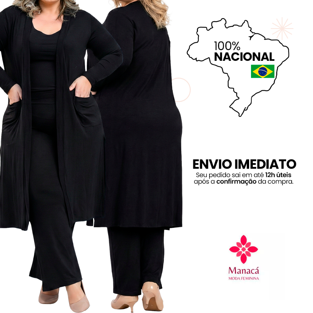 Cardigan Feminino Plus Size Casaco Longo Kimono Sobretudo Max Longo com Bolsos e Fendas Laterais em Oferta na Shopee