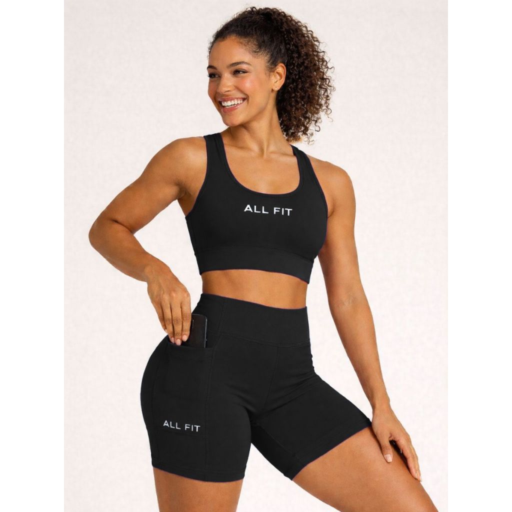 CONJUNTO TOP REGATA E SHORT COM BOLSO POLIAMIDA BLACKOUT em Oferta na Shopee