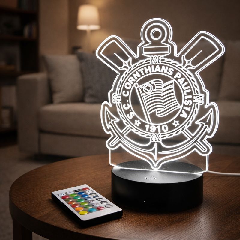 Luminária de led do TIMÃO CORINTHIANS - Luz no Acrílico - Base PRETA ou BRANCA - C/ CONTROLE REMOTO