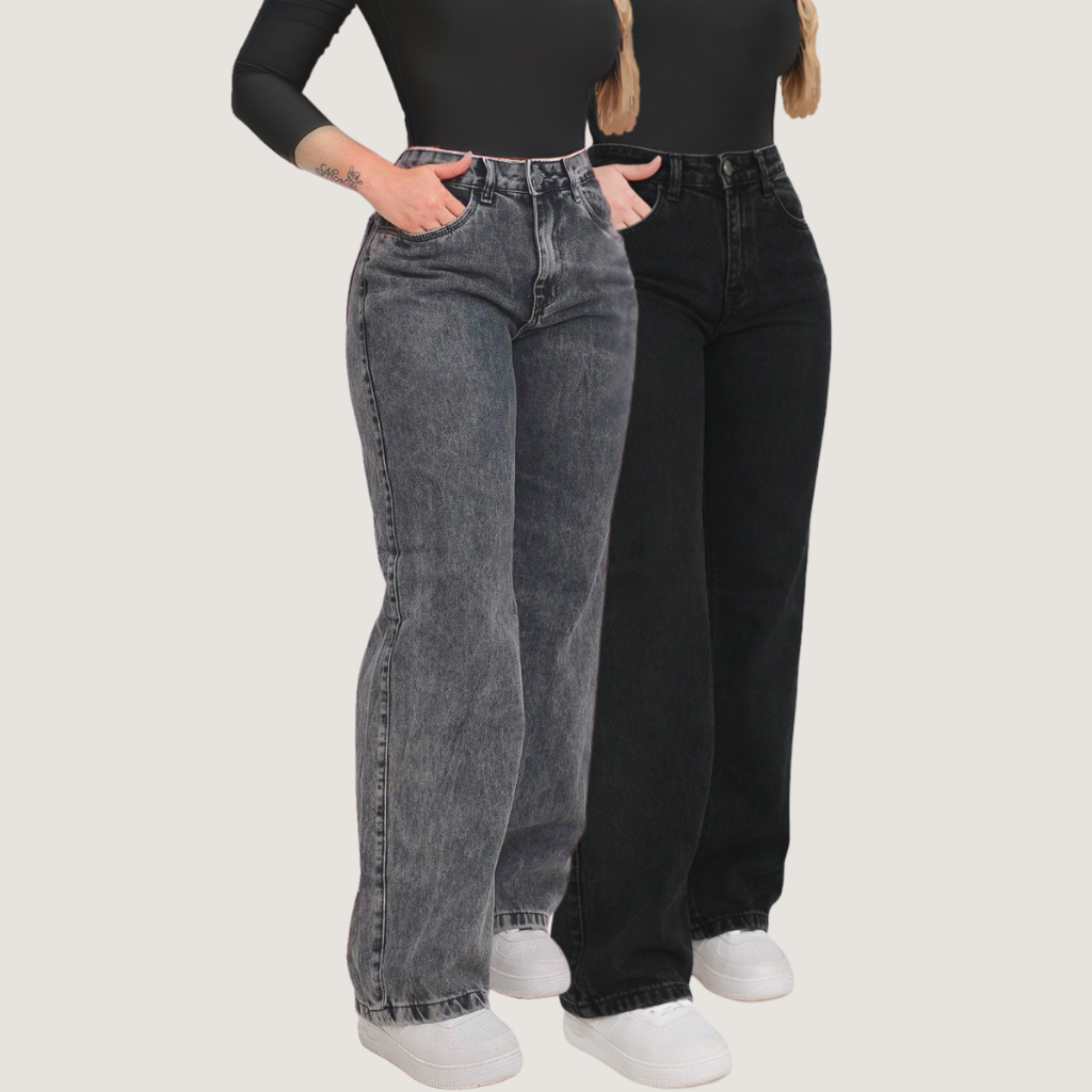 Kit 2 Calças Jeans Femininas Wide Leg Pantalona Cintura Alta 100% Algodão Casual Urbana Moderna