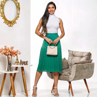 Saia Midi CURTA Plissada Com Forro Comfortavel Versatil Moderna em Oferta na Shopee