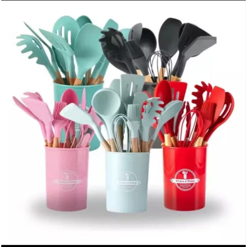Kit Jogo de Cozinha Silicone, Utensílios e Copo Suporte para Cozinheiro Cabo de Madeira MasterChef