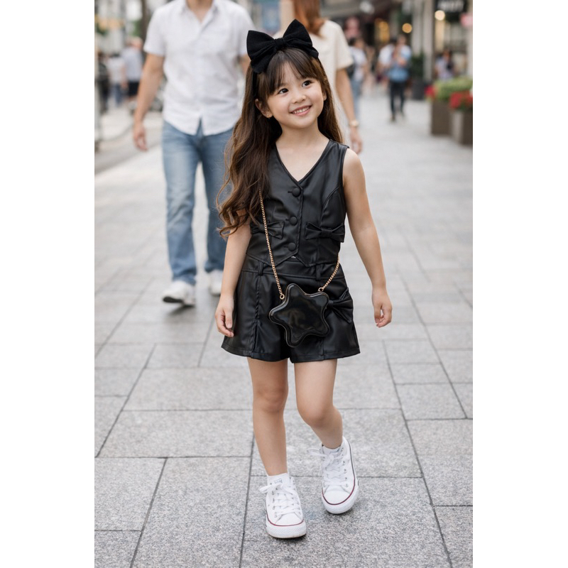 Conjunto Infantil 2 Peças Couro Cropped e Short Saia com laço Unico e fendas Laterais Casual Elegante Moda Bloguerinha