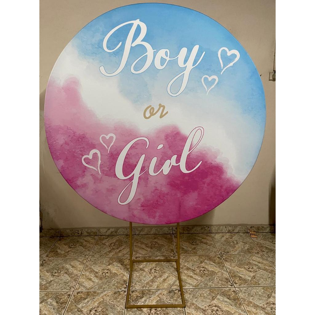 Capa para painel de Festa Redondo 1,50 mts Malha Sublimado Chá Revelação Girl or Boy azul e rosa