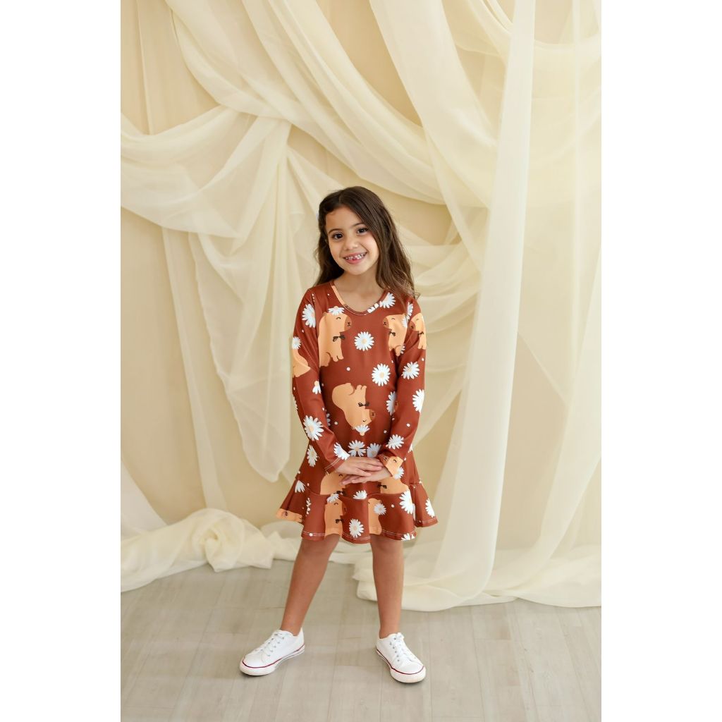 Vestido Infantil Manga Longa Crepe Malha | Capivara, Joaninha e Xadrez | Confortável