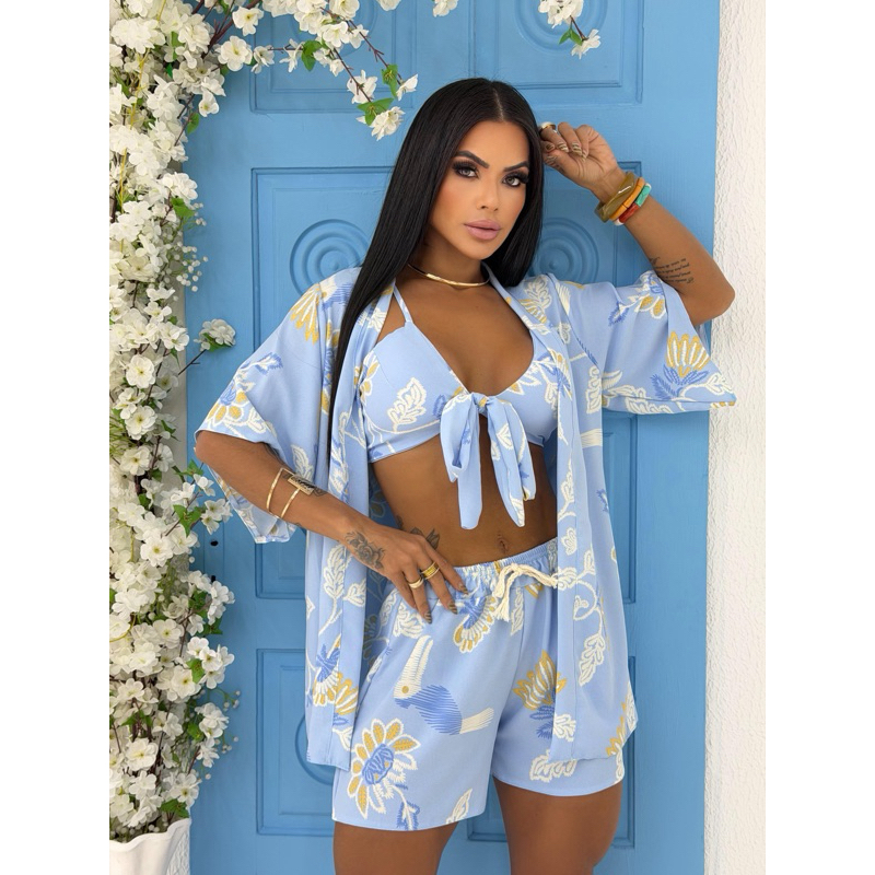 kimono Feminino Praia Conjunto Top Short Casual Chique Blogueira em Oferta na Shopee