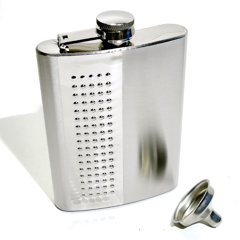 Cantil De Bedidas Decorado Inox + Funil, ideal Para Wisk, Cachaça, vodca