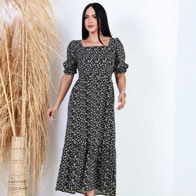 Vestido Longo Feminino Manga Bufante Princesa Estampado Floral / Evangelico Animal Print Elegante Festa Casual/36-44