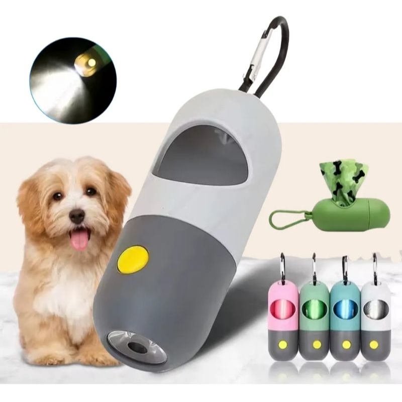 Porta Saquinho Cata Caca Pet com Lanterna LED | Dispenser para Cachorro e Gato + Refil