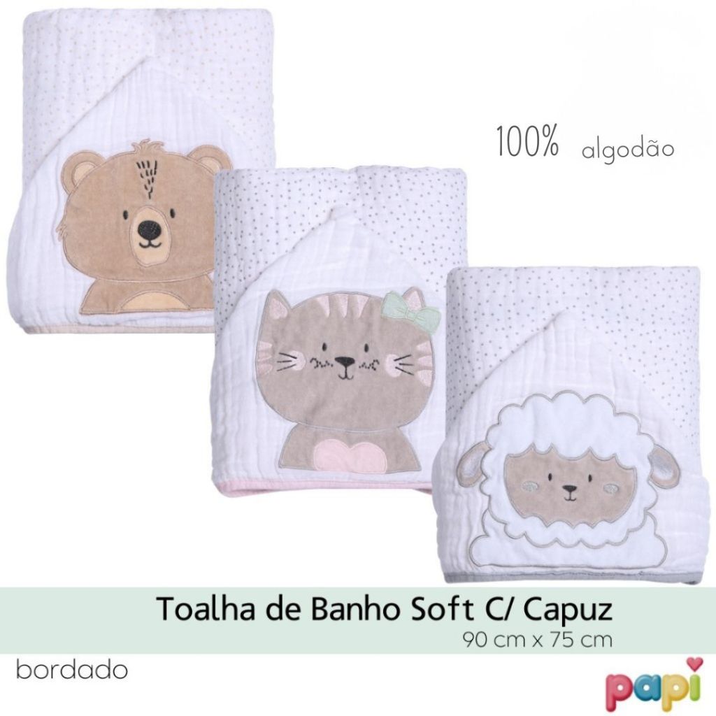 Toalha de banho soft com capuz bordado bebê bichinhos papi friends 90x75cm - 3 CAMADAS