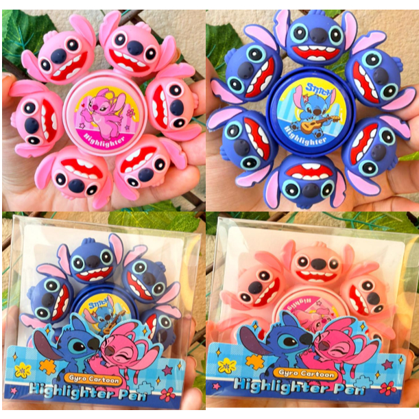 Marca Texto Stitch Hand Spinner 6 Cores Kawaii Material Escolar Papelaria Fofa Volta as Aulas