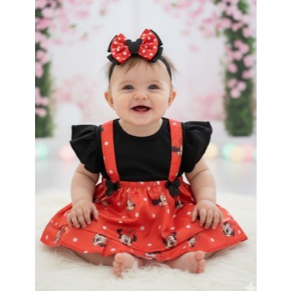 Vestido Infantil Minnie Temático Mesversário Minnie Personagem Roupa De Bebe Minnie Jardineira Minei Minie