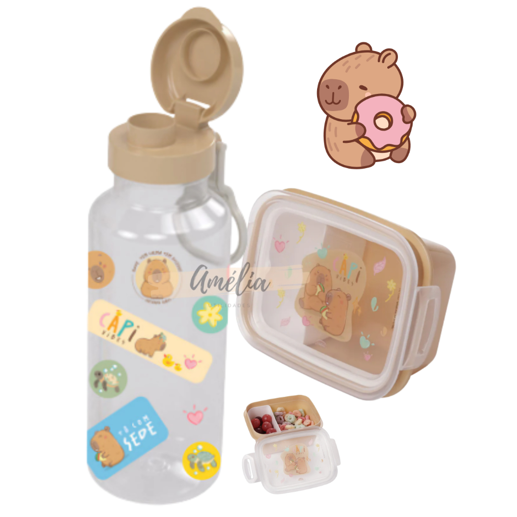 Garrafa abre fácil 600ml + Marmita com Compartimento Capivara Fofa Infantil Plasútil Lanche Escolar em Oferta na Shopee