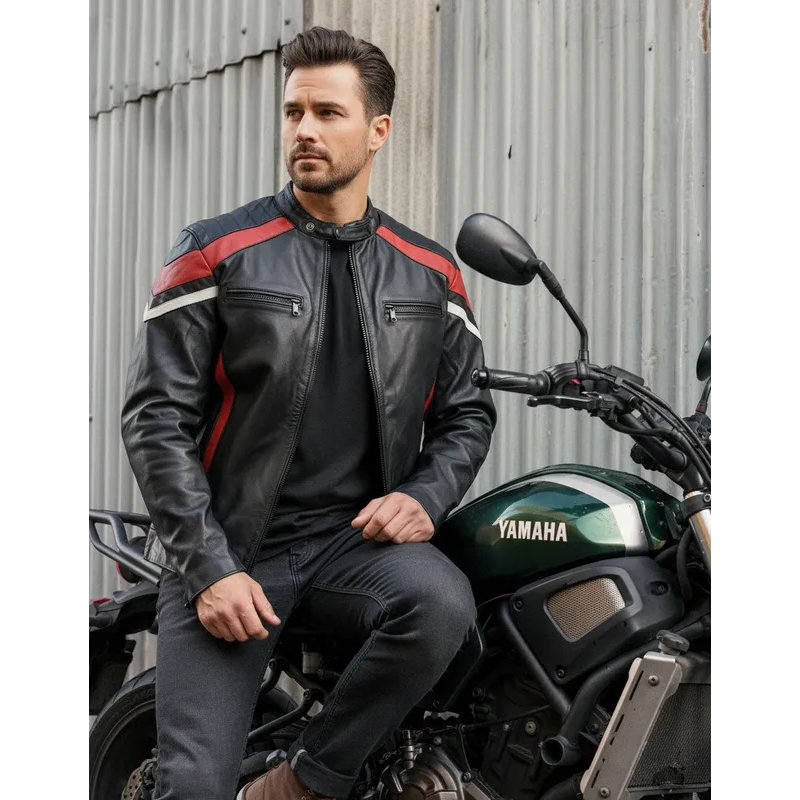 Jaqueta de Couro Legítimo Masculina Motoqueiro Nova Spider Vermelha e branca