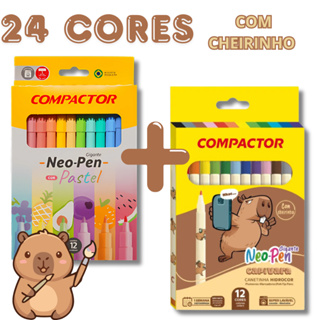 KIT 24 Canetinhas CAPIVARA COM CHEIRINHO 12 Cores Vivas + 12 Tom Pastel Compactor NeoPen em Oferta na Shopee