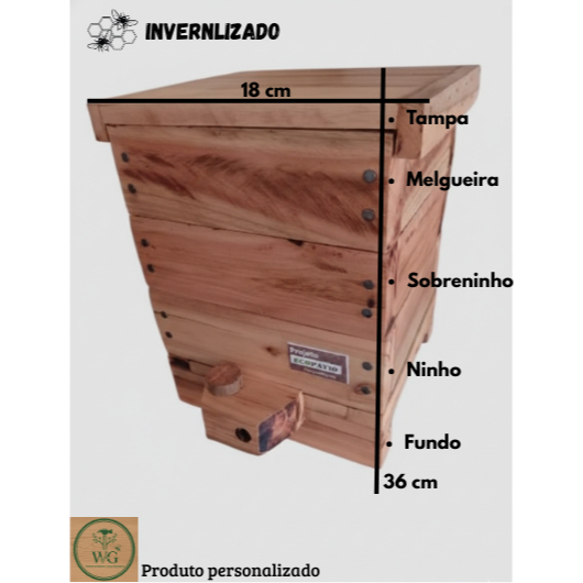 Caixa de abelha sem ferrão modelo INPA 18x18 3cm espessura Manduri, Mandaçaia, Uruçu em eucalipto envernizado