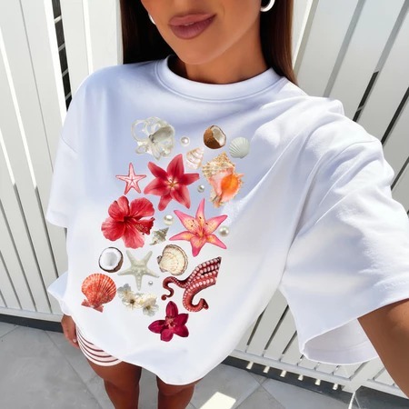 Camiseta Camisa blusa T-shirt Feminina 100%Algodão moda feminina moda estilosas confortavel Conchas