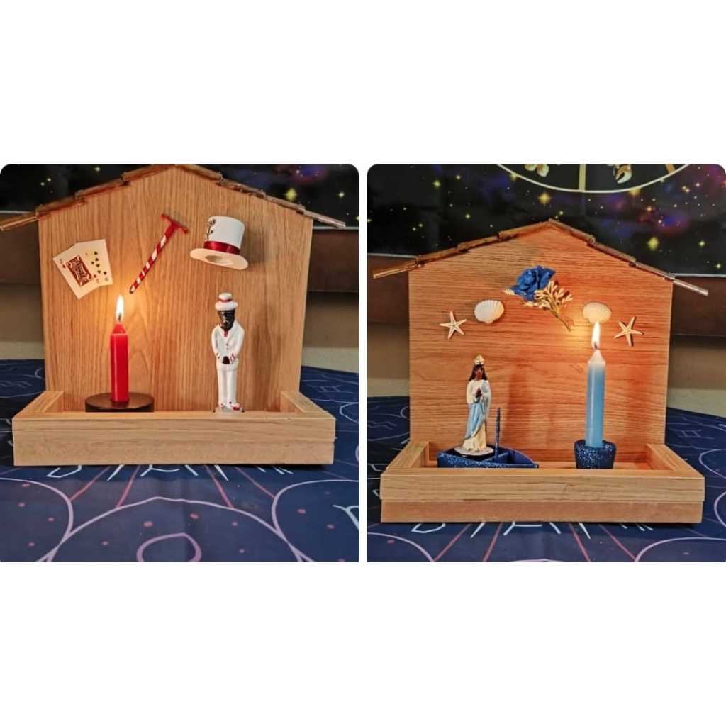 Oratório e Ofertório Iemanjá, Zé Pilintra e Preto Velho decoração altar rituais espiritualidade entidade Orixá