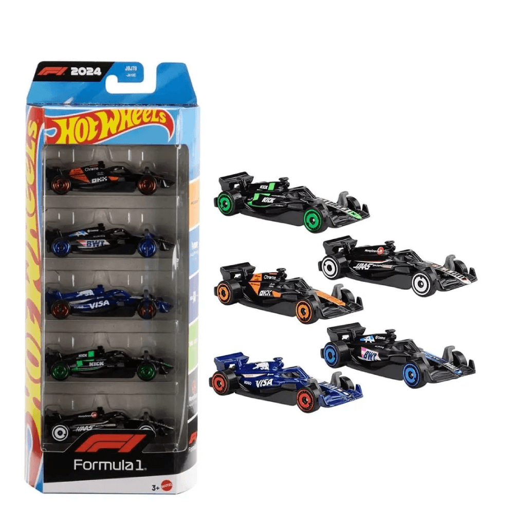 Conjunto Pack 5 miniaturas Fórmula 1 Hot Wheels 2025 F1 McLaren Alpine Red Bull Sauber Haas