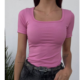 Kit 2 Blusinhas Decote Quadrado Canelada Manga Curta Malha Premium Elegante Básica Promoção em Oferta na Shopee