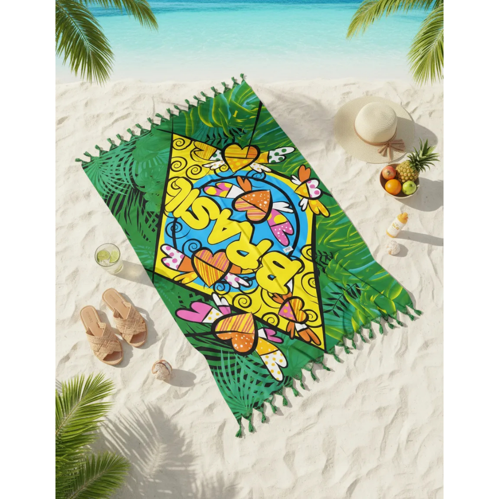 Canga Brasil Colorida Estilo Romero Britto Tamanho Grande Amarelo 1,7x1,55 Canga Brasil Romero Britto