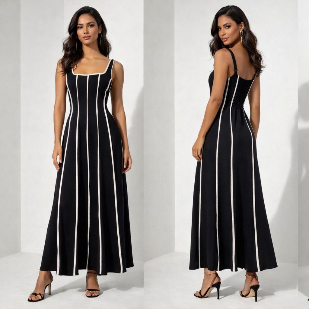 Vestido Feminino Longo Listrado alfaiataria lastex nas Costas P-M-G-GG Ref 142 em Oferta na Shopee