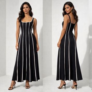 Vestido Feminino Longo Listrado alfaiataria lastex nas Costas P-M-G-GG Ref 142 em Oferta na Shopee