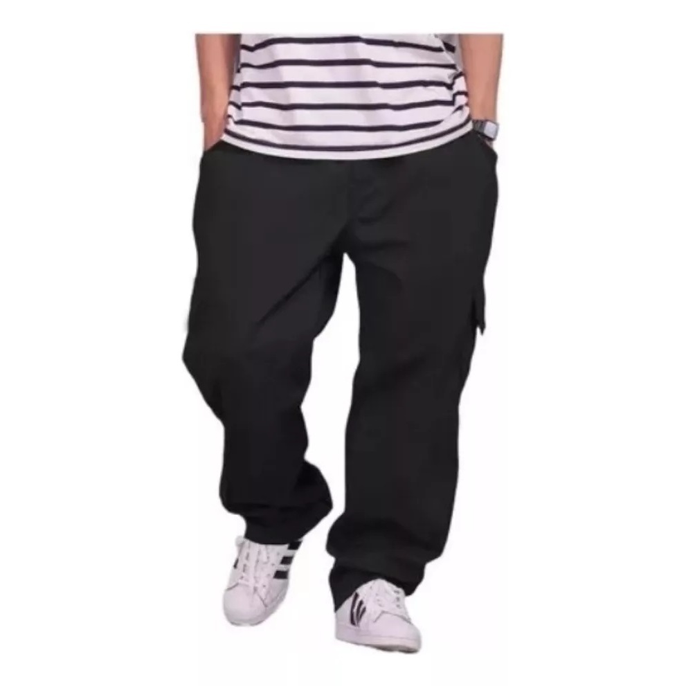 Calça Cargo jeans e sarja Larga Masculina Skate Caqui 6 Bolsos Fechamento Cordão unisex