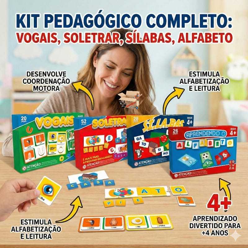 Kit Brinquedo Pedagógico Educativo 4 Jogos Vogais + Sílabas + Soletrar + Alfabeto - Pais E Filhos