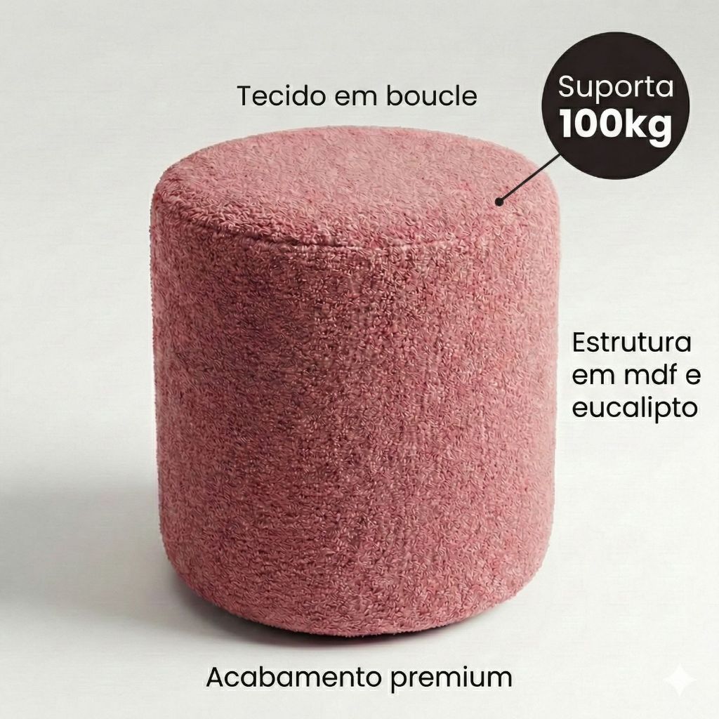 Puff Bouclé Redondo Banqueta Penteadeira Suporta 100kg Decorativo Sala Quarto Confortável